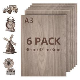 Lot de 6 Contreplaqué Noyer 3mm A3,300 x420mm Panneau Feuille Découpe Laser | Planche Bois pour Pyrogravure, Gravure, projet de 