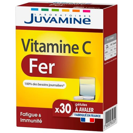 JUVAMINE Fer + Vitamine C - Anti-Fatigue, Absorption, Lipofer® - 30 Gel | Système Immunitaire Renforcé, Soutien de la Production
