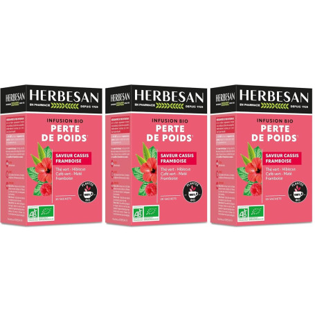 HERBESAN®- INFUSION PERTE DE POIDS BIO - Saveur Cassis Framboise - Fruité & Acidulé -Sans plastique- 100% plantes - 20 sachets e