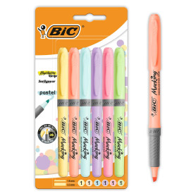 BIC Highlighter Grip Pastel - Surligneurs à Pointe Biseautée Modulable - Couleurs Assorties, Blister de 6