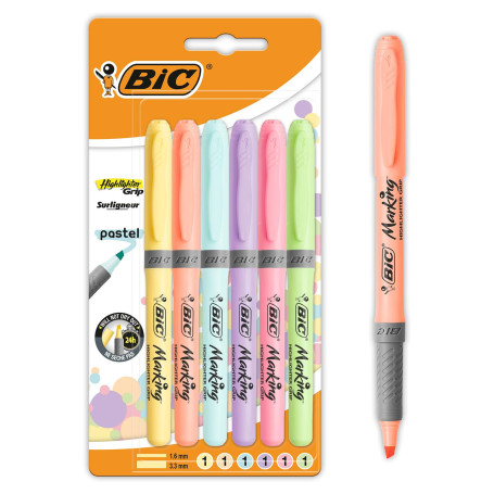 BIC Highlighter Grip Pastel - Surligneurs à Pointe Biseautée Modulable - Couleurs Assorties, Blister de 6