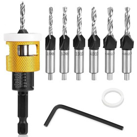 BURTOK Lot de 8 Forets à Chanfreiner, Fraise Bois avec Butée de Profondeur, Perçage Précis, Queue Hexagonale 1/4", en HSS, pour