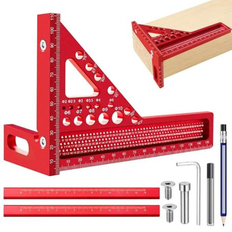Equerre Menuisier 3D Équerre de Charpentier avec Crayon Raporteurs d Angle | Equerre Charpentier Multi-Angle Équerre de Aluminiu