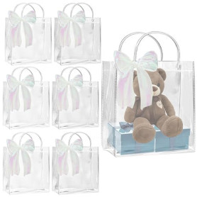 6 Pièces Sacs Cadeaux Transparents avec Poignées, 24×19×6.5cm Sacs Fourre-Tout Réutilisables en PVC avec 3m Ruban, Sacs D'emball