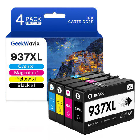 GeekWavix Cartouches d'encre 937XL Lot de 4 Noir Remplacement pour HP 937 | Compatibles avec HP OfficeJet Pro 9110b, 9120b, 9130