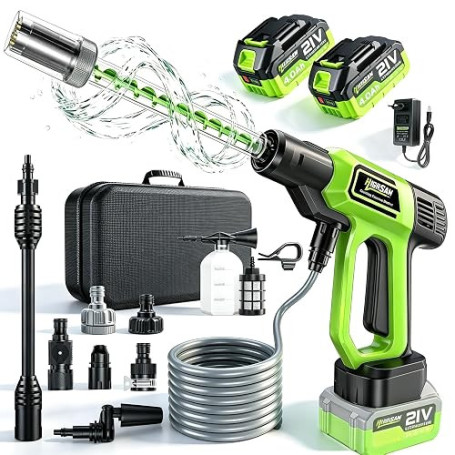 Nettoyeur Haute Pression sans Fil, Max 100bar, Mode 3 Vitesses | Nettoyeur Haute Pression avec 2*Batteries 4.0Ah, buse 5 en 1 pi
