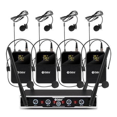 D Debra Audio Pro DU4004 Système de Micros sans Fil UHF 4 Canaux, Micro-Casque et Lavalier, Parfait pour Réunions, Églises et Di