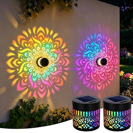 Applique Murale Exterieur Solaire, Dégradé de 7 Couleurs Mandala Fleur de Lumiere Solaire Murale Métal LED Etanche Lampion Mural