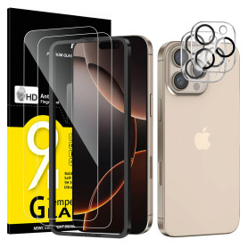 NEW'C Verre Trempé pour iPhone 16 Pro Max + Protection Caméra | Outil inclus, Lot de 4, 2x vitres trempées + 2x protections camé