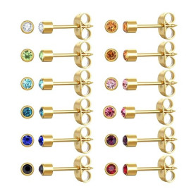 JMFENFA Lot de 12 paires de boucles d'oreilles en acier inoxydable chirurgical plaqué or avec pierre de naissance multicolore et