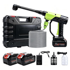 Nettoyeur haute pression sans fil portable 6 en 1 avec 2 batteries 21 V pour terrasse et voiture, tuyau d'eau sans fil de 5 m po