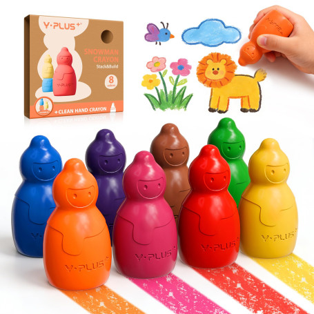 YPLUS Crayons Cire Bonhomme de Neige 8 Couleurs, Crayon Bébé Empilable | Crayon Bébé 12 Mois Lavable et Non Toxique, Forme Jumbo