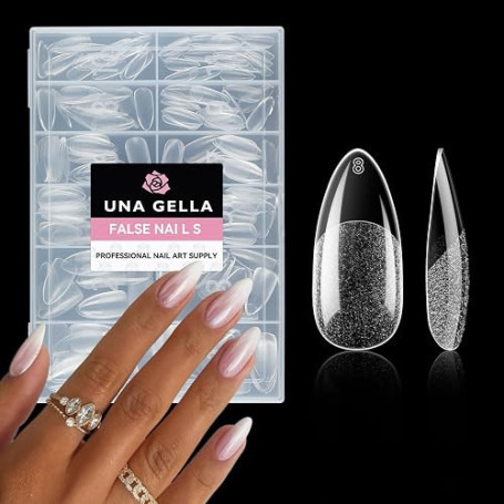 UNA GELLA Capsule Américaine Ongle Amande, 216 Pièces 12 Tailles (Forme Pointue Préformée) Tips en Gel Souple Demi-Mat Prothèses