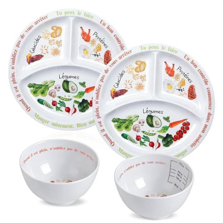 Yuecda Ensemble de 4 pièces d'assiettes et de bols pour le contrôle des portions, adapté à une alimentation équilibrée et saine