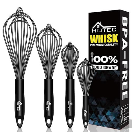 HOTEC Lot de 4 fouets en silicone avec poignée antidérapante pour ustensiles de cuisine antiadhésifs, parfaits pour cuisiner, mé