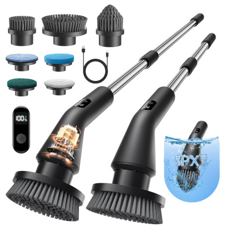 Leebein Brosse Électrique Nettoyage, Brosse Rotative Améliorée Étanche IPX7 avec 7 Têtes de Brosse, Manche Extensible et 2 Vites
