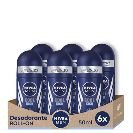 NIVEA MEN Cool Kick Roll-on Lot de 6 (6 x 50 ml) Déodorant pour homme avec un coup de fraîcheur, déodorant anti-transpirant pour