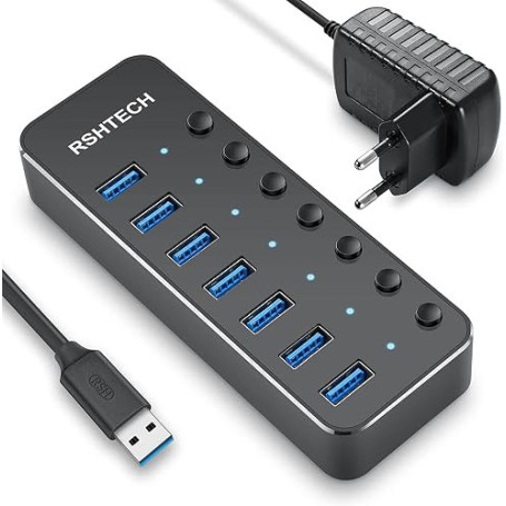 RSHTECH Hub USB Alimenté, Aluminium Hub USB 3.0 à 7 Ports, RSH-518 | Multiprise USB 3.0 avec 5V/2A Alimentation Externe Multi Po