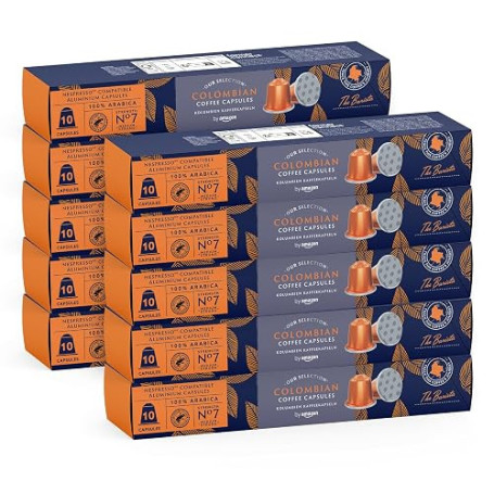 by Amazon - Café colombien compatible Nespresso, Torréfaction Moyenne, 100 capsules en aluminium, 10 unités, lot de 10 - Certifi