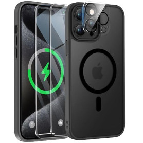 ORETECH Magnétique Coque pour iPhone 15 Pro,2 Verre Trempé,Mat Noir | Compatible avec Mag Safe, Protection Antichoc, 1 Caméra Pr