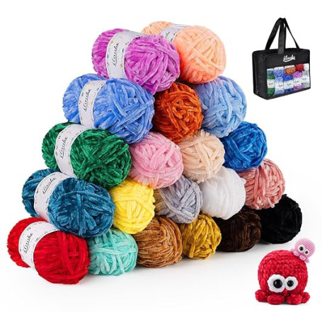 20x30g Pelotes Fil Chenille Crochet, Laine chenille pour Tricot et Crochet | Kit Laine Crochet 20 Couleurs avec Accessoires (Cro