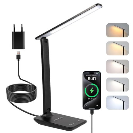Carehabi Lampe de Bureau Puissante - 5 Modes de Couleurs et 5 Niveaux de Luminosité Réglables - Rotation sur 3 Axes - Protection