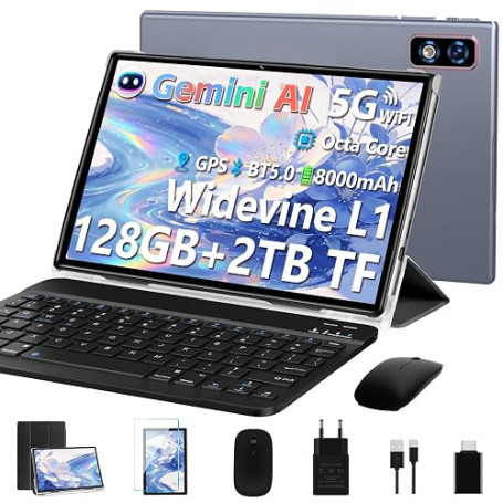 Nouvelle Tablette 10 Pouces Android Gemini AI, 22Go RAM+128Go ROM(TF/2To), Octa-Core 2.0Ghz, 5G+2.4G WiFi, 8000mAh Batterie, GMS