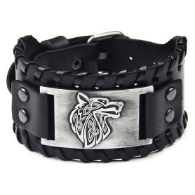 Bracelet en cuir large noir Antique argent tête de loup motif bracelet bracelets manchette vintage pour hommes et femmes