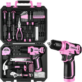 DEKO Caisse a Outil Rose avec Perceuse Visseuse Multifonction Sans Fil 8V, 126 Pièces Malette Outils complete, Ensemble d'Outils