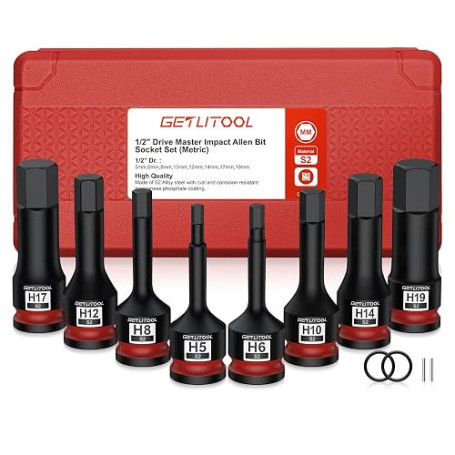 GETLITOOL 8PCS Douilles à Choc Hexagonales 1/2" (H5-H19),en Acier S2 HRC60+ | Douilles à Choc Allen avec 2 Bagues et 2 Goupilles