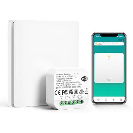 Interrupteur sans fil sans pile + récepteur WiFi, Interrupteur étanche IP67 | portée jusqu’à 30 m, sans nouveau câblage, compati