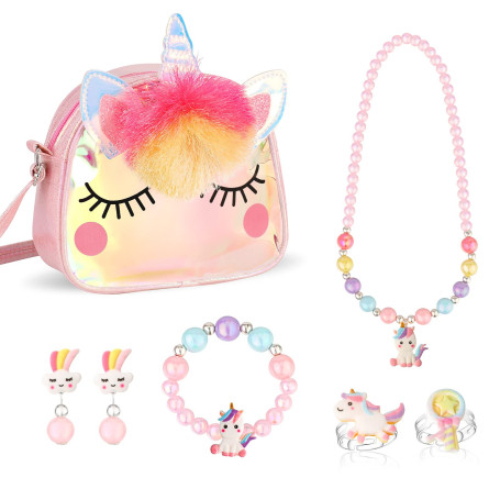 Hifot Licorne Sac a Main Bijoux Enfants Fille, Unicorn Collier Bracelet Boucle d'oreille Bagues kit Bijoux pour Cadeau Anniversa