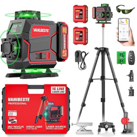 Niveau Laser 360 Autonivelant, 16 Lignes Laser Chantier avec Trepied, APP | Lazer Niveaux avec 2x 4800mAh Batterie Rechargeable