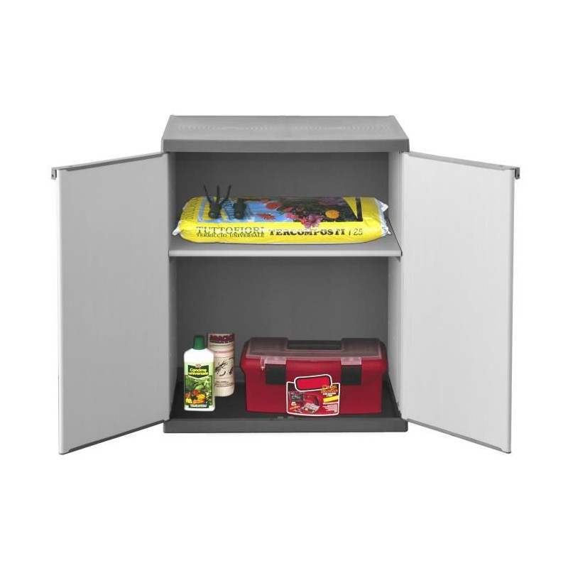 Armoire de rangement basse en résine TOOD - 1 tablette - 2 portes - Gris